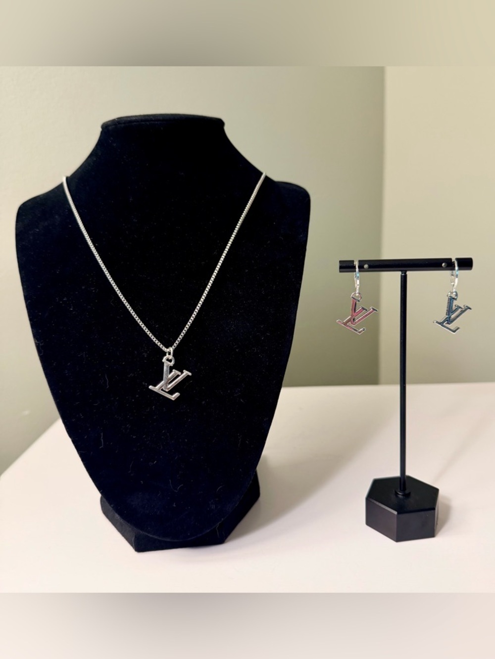 LV Upcycled Charm Logo Necklace with Matching Dangle Earrings